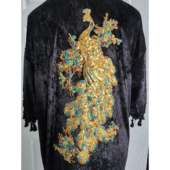 Yapyap Black Velvet Tasseled Open Front Kimono With Oversized Sequin Peacock - Picture 5 of 7